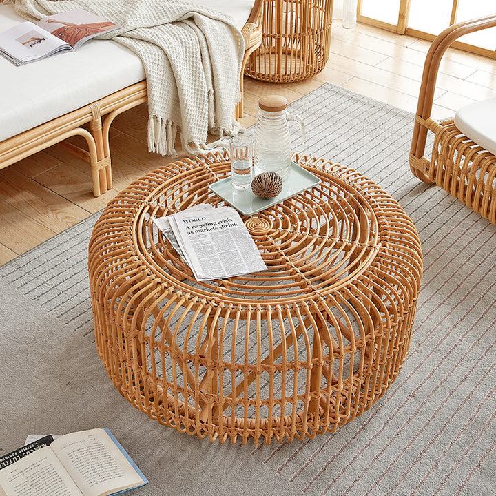 Traditional Vintage Round Genuine Rattan Glass Coffee Table Openwork Design For Living Room