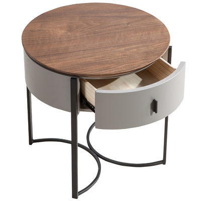 Modern Minimalist Round Eco-Friendly Board Walnut Veneer Carbon Steel Storage Cabinet 2-Leg 1-Drawer For Living Room