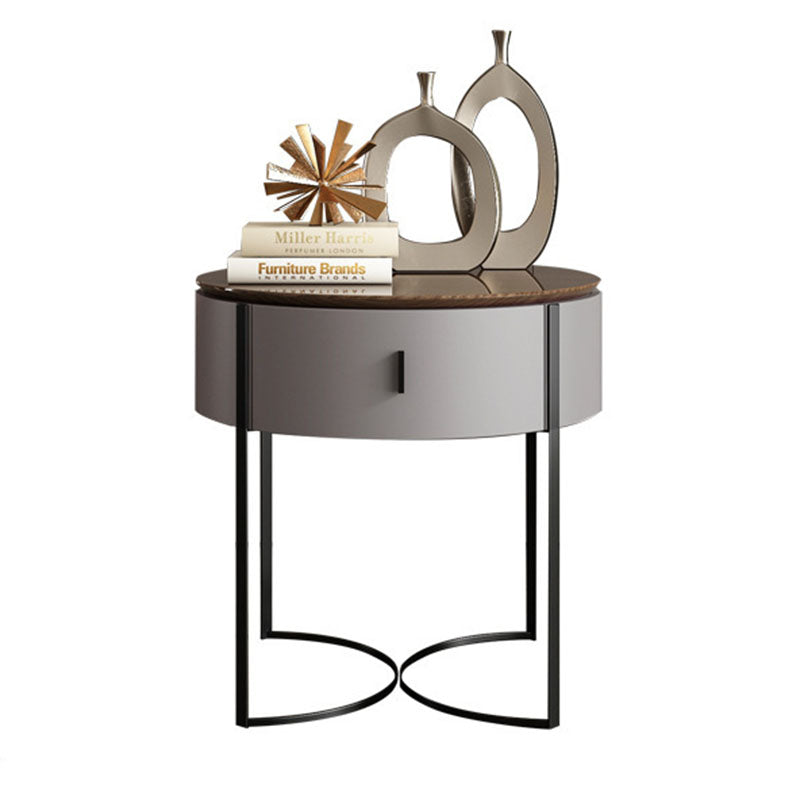 Modern Minimalist Round Eco-Friendly Board Walnut Veneer Carbon Steel Storage Cabinet 2-Leg 1-Drawer For Living Room