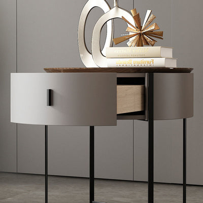 Modern Minimalist Round Eco-Friendly Board Walnut Veneer Carbon Steel Storage Cabinet 2-Leg 1-Drawer For Living Room