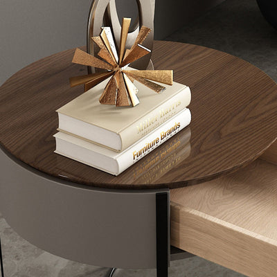 Modern Minimalist Round Eco-Friendly Board Walnut Veneer Carbon Steel Storage Cabinet 2-Leg 1-Drawer For Living Room