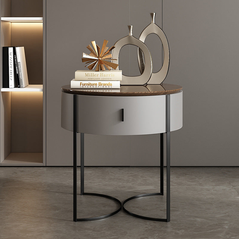 Modern Minimalist Round Eco-Friendly Board Walnut Veneer Carbon Steel Storage Cabinet 2-Leg 1-Drawer For Living Room