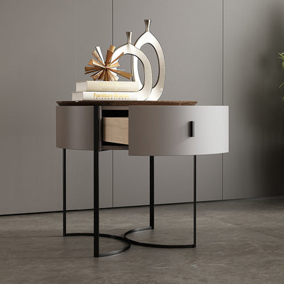 Modern Minimalist Round Eco-Friendly Board Walnut Veneer Carbon Steel Storage Cabinet 2-Leg 1-Drawer For Living Room