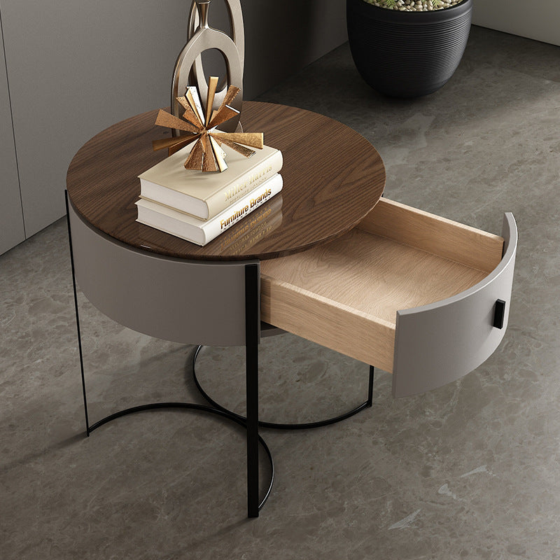 Modern Minimalist Round Eco-Friendly Board Walnut Veneer Carbon Steel Storage Cabinet 2-Leg 1-Drawer For Living Room