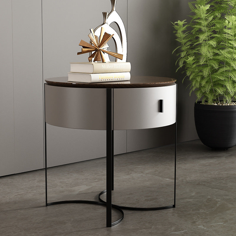 Modern Minimalist Round Eco-Friendly Board Walnut Veneer Carbon Steel Storage Cabinet 2-Leg 1-Drawer For Living Room