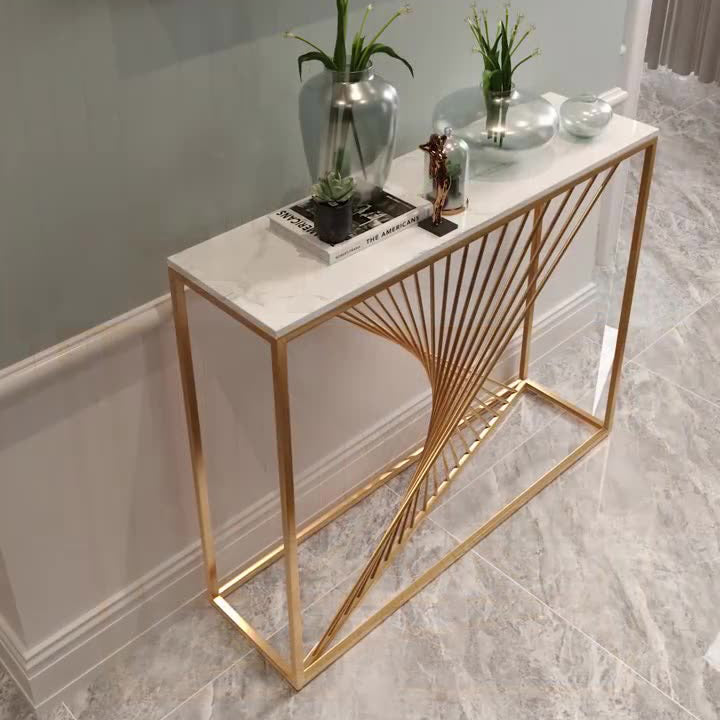 Modern Minimalist Rectangular Iron Stone Slab Console Table 4-Leg For Entryways