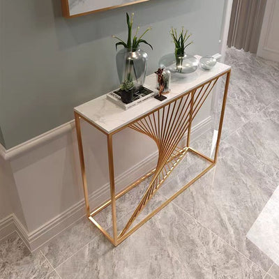 Modern Minimalist Rectangular Iron Stone Slab Console Table 4-Leg For Entryways