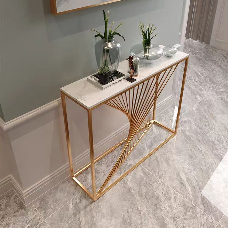 Modern Minimalist Rectangular Iron Stone Slab Console Table 4-Leg For Entryways
