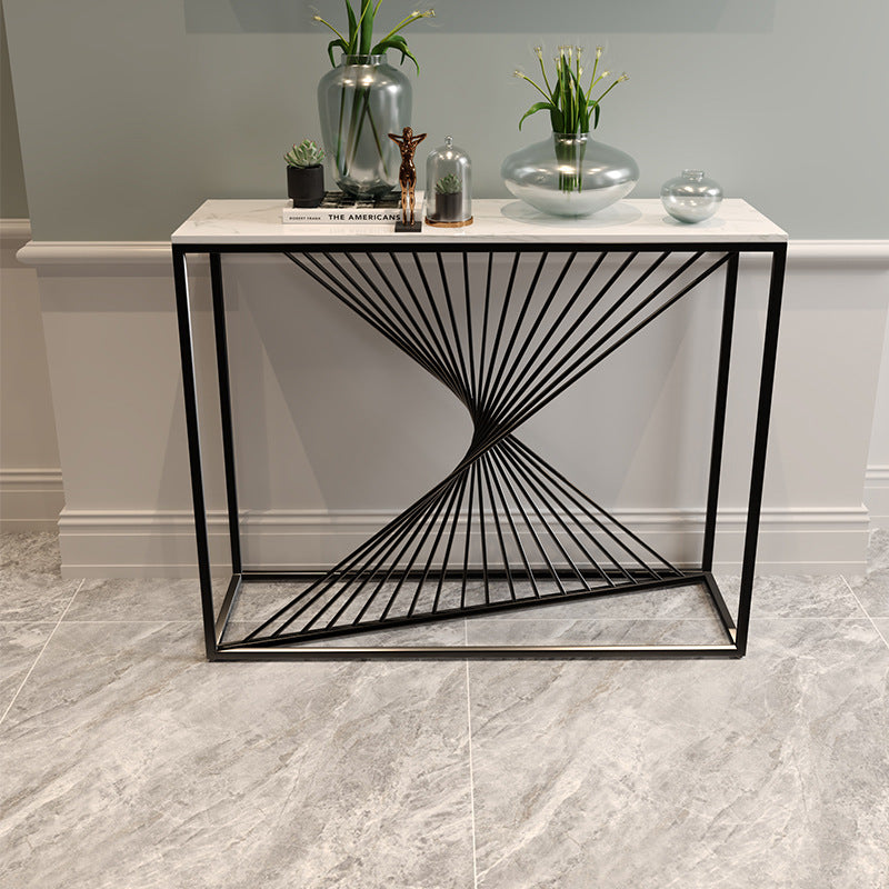 Modern Minimalist Rectangular Iron Stone Slab Console Table 4-Leg For Entryways
