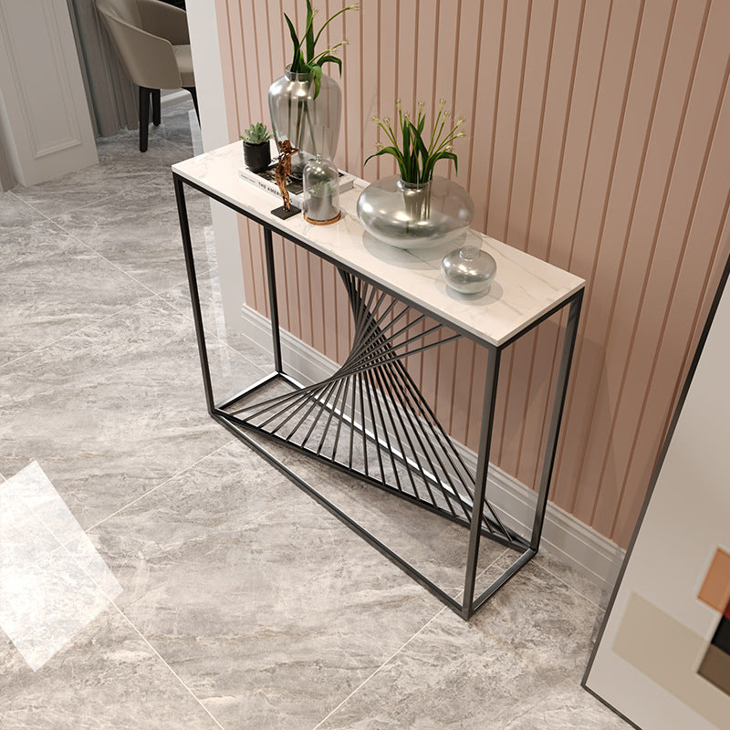 Modern Minimalist Rectangular Iron Stone Slab Console Table 4-Leg For Entryways
