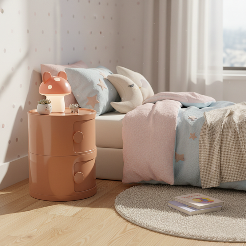 Modern Minimalist Round Plastic Nightstand 2/3-Cabinet For Bedroom