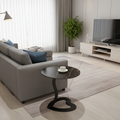 Modern Minimalist Round Stone Slab Iron End Table For Living Room