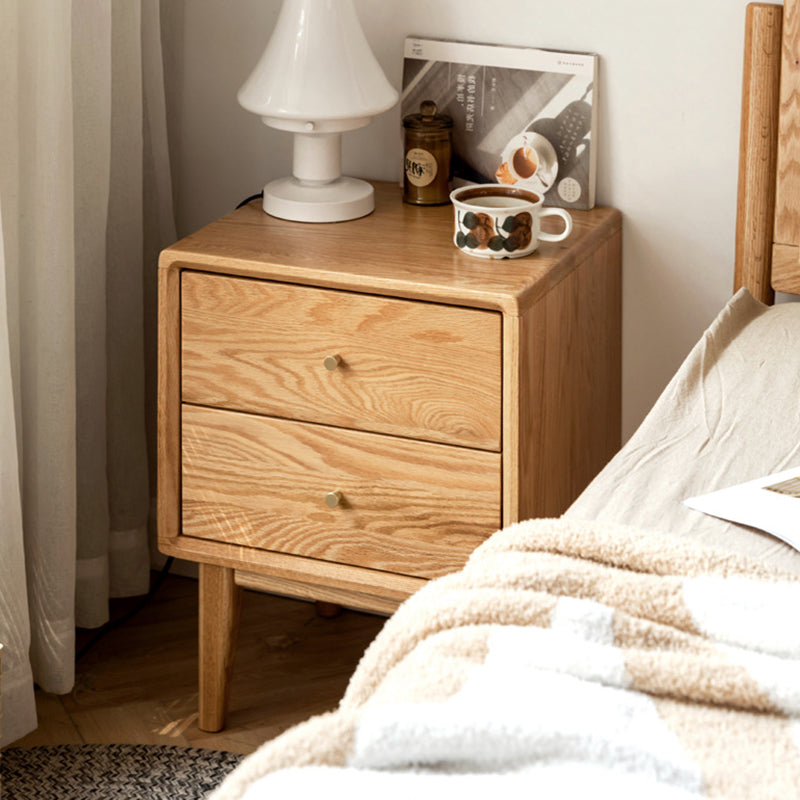 Modern Minimalist Rectangular Solid Wood Nightstand 4-Leg 2-Drawer For Bedroom