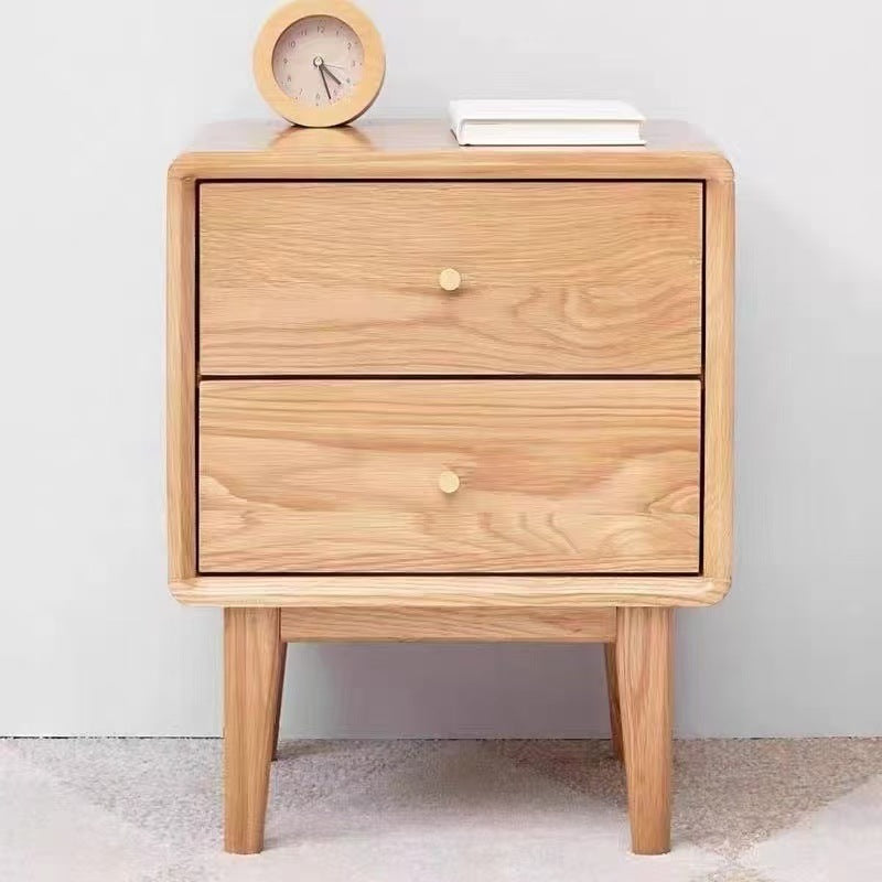 Modern Minimalist Rectangular Solid Wood Nightstand 4-Leg 2-Drawer For Bedroom
