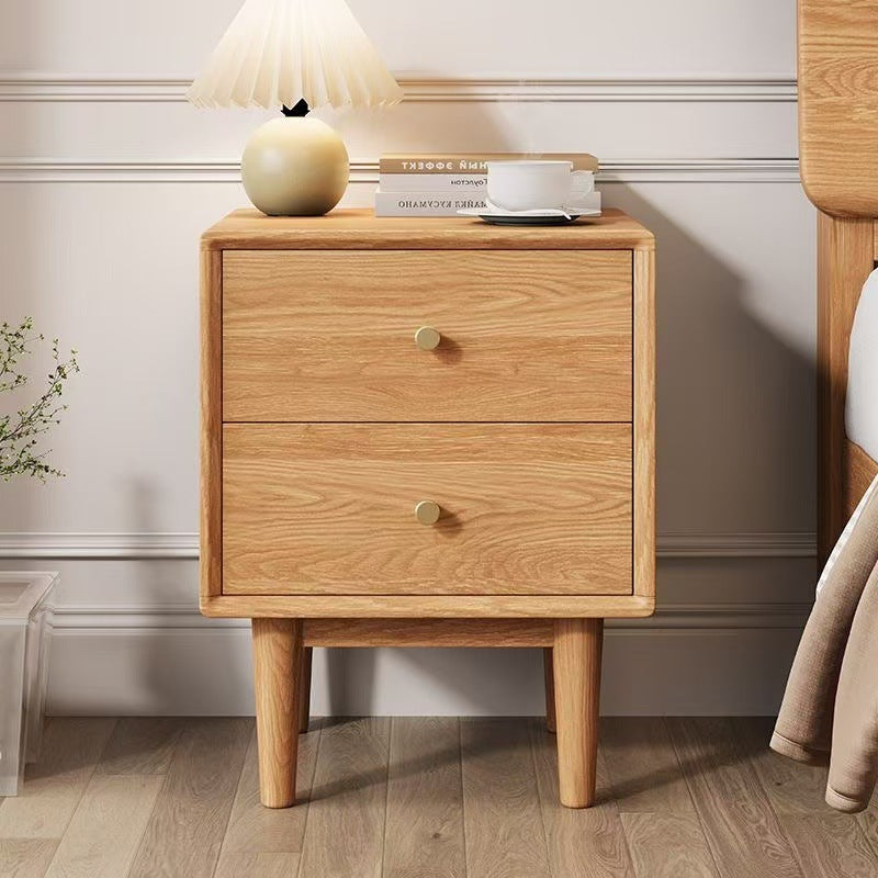 Modern Minimalist Rectangular Solid Wood Nightstand 4-Leg 2-Drawer For Bedroom