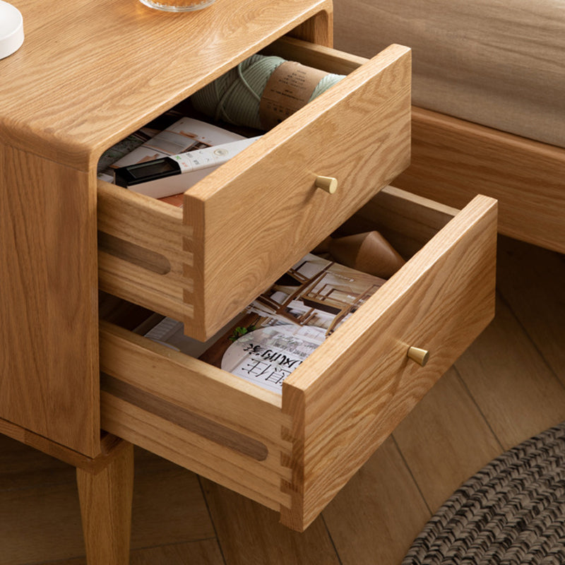 Modern Minimalist Rectangular Solid Wood Nightstand 4-Leg 2-Drawer For Bedroom