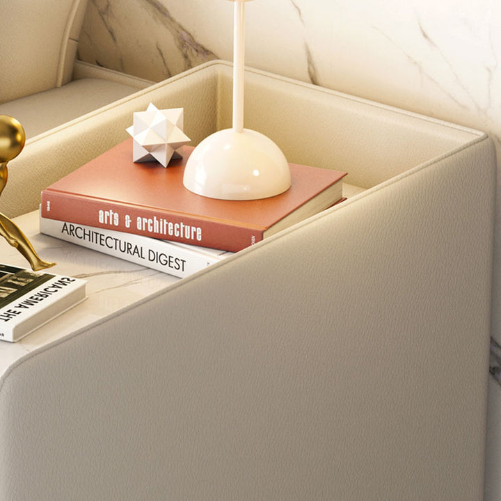 Modern Minimalist Rectangular Plywood Cat-Scratch Resistant Leather Stone Slab Solid Wood End Table 2-Drawer Movable For Living Room