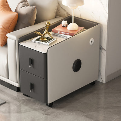 Modern Minimalist Rectangular Multi-layer Board Cat-Scratch Resistant Leather Stone Slab Solid Wood End Table 2-Drawer Movable For Living Room