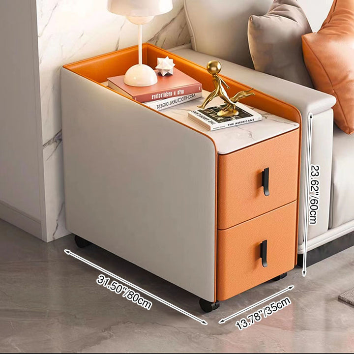 Modern Minimalist Rectangular Plywood Cat-Scratch Resistant Leather Stone Slab Solid Wood End Table 2-Drawer Movable For Living Room