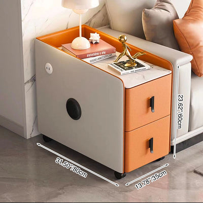 Modern Minimalist Rectangular Multi-layer Board Cat-Scratch Resistant Leather Stone Slab Solid Wood End Table 2-Drawer Movable For Living Room