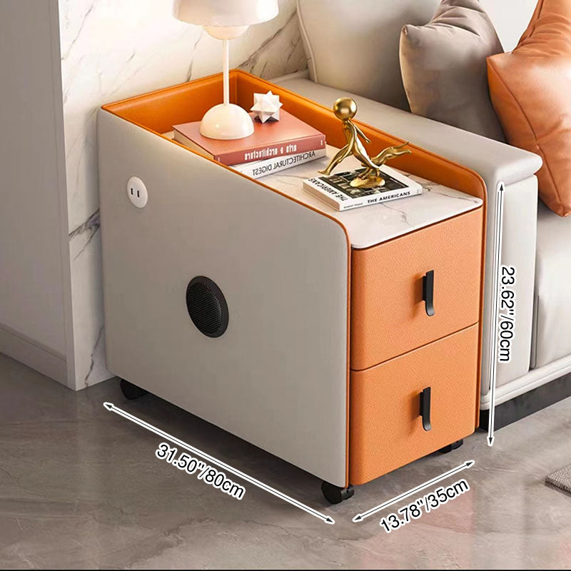 Modern Minimalist Rectangular Multi-layer Board Cat-Scratch Resistant Leather Stone Slab Solid Wood End Table 2-Drawer Movable For Living Room