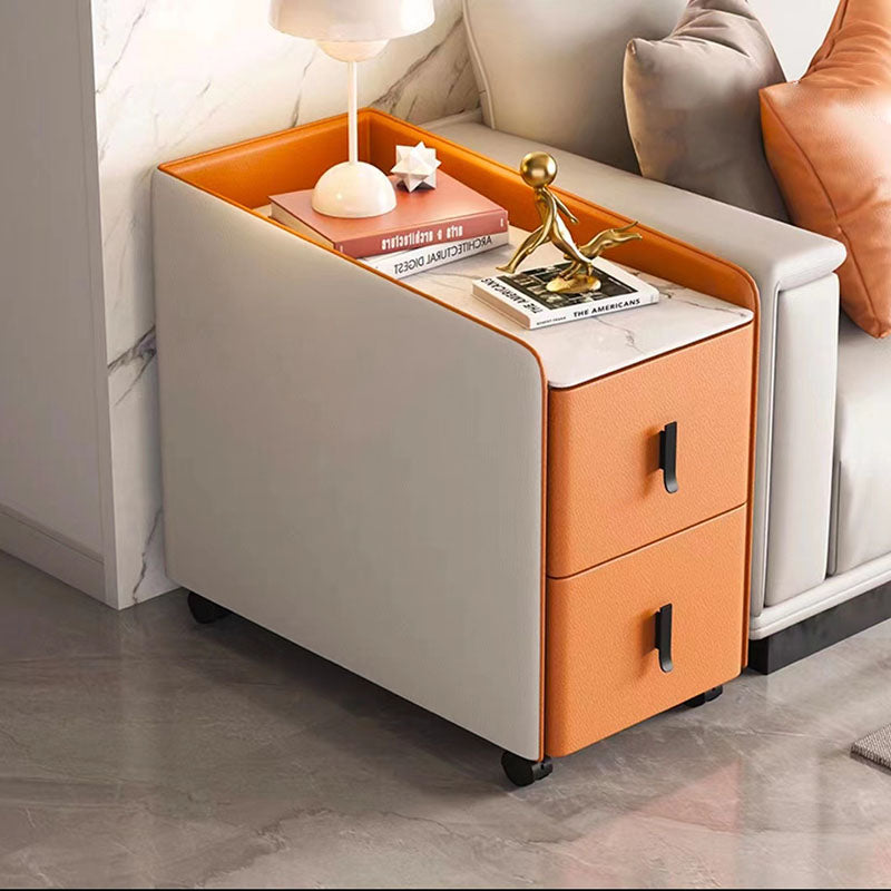 Modern Minimalist Rectangular Plywood Cat-Scratch Resistant Leather Stone Slab Solid Wood End Table 2-Drawer Movable For Living Room