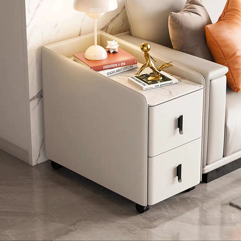 Modern Minimalist Rectangular Plywood Cat-Scratch Resistant Leather Stone Slab Solid Wood End Table 2-Drawer Movable For Living Room