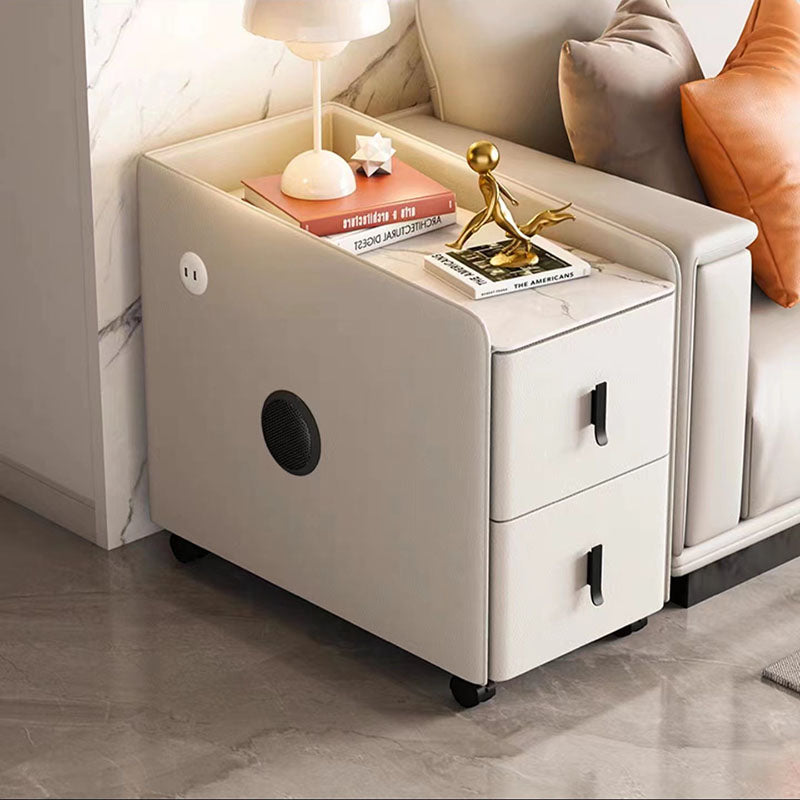 Modern Minimalist Rectangular Multi-layer Board Cat-Scratch Resistant Leather Stone Slab Solid Wood End Table 2-Drawer Movable For Living Room