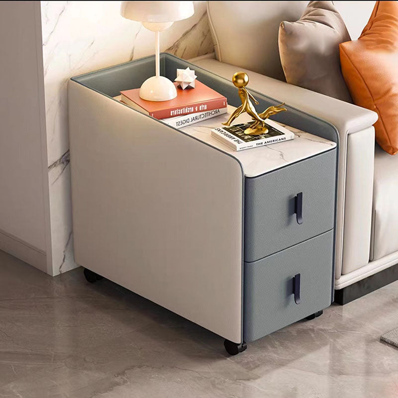 Modern Minimalist Rectangular Plywood Cat-Scratch Resistant Leather Stone Slab Solid Wood End Table 2-Drawer Movable For Living Room