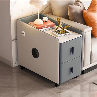 Modern Minimalist Rectangular Multi-layer Board Cat-Scratch Resistant Leather Stone Slab Solid Wood End Table 2-Drawer Movable For Living Room