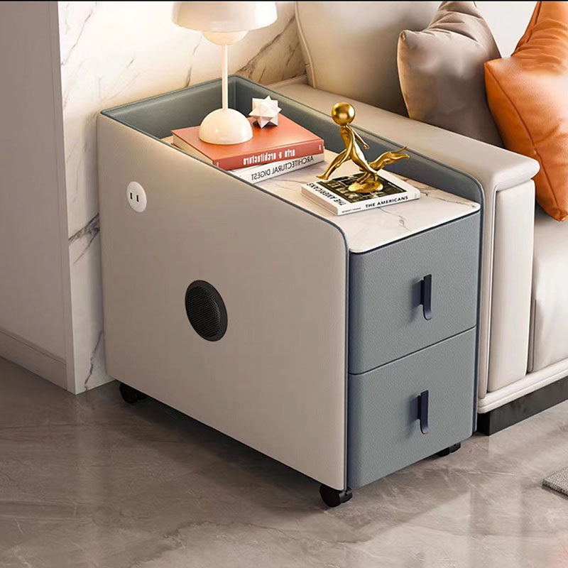 Modern Minimalist Rectangular Multi-layer Board Cat-Scratch Resistant Leather Stone Slab Solid Wood End Table 2-Drawer Movable For Living Room