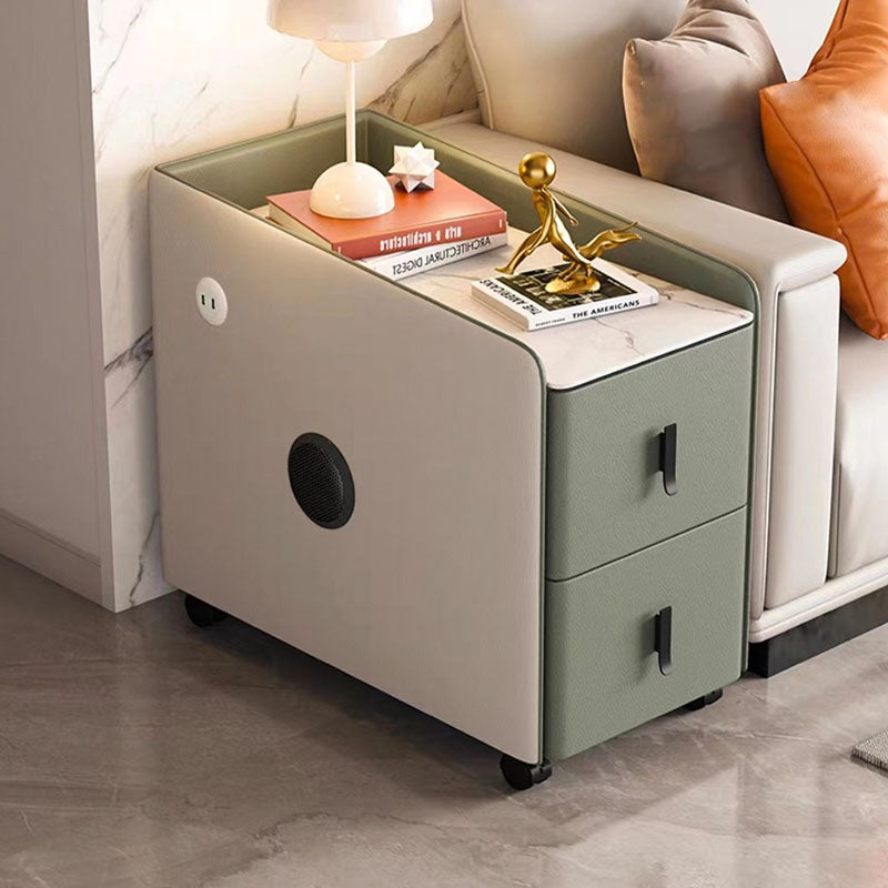 Modern Minimalist Rectangular Multi-layer Board Cat-Scratch Resistant Leather Stone Slab Solid Wood End Table 2-Drawer Movable For Living Room