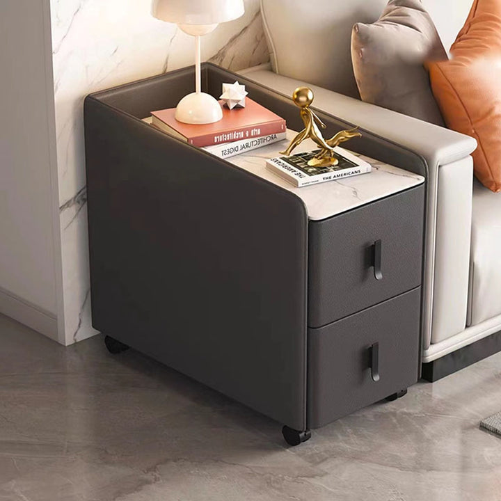 Modern Minimalist Rectangular Plywood Cat-Scratch Resistant Leather Stone Slab Solid Wood End Table 2-Drawer Movable For Living Room