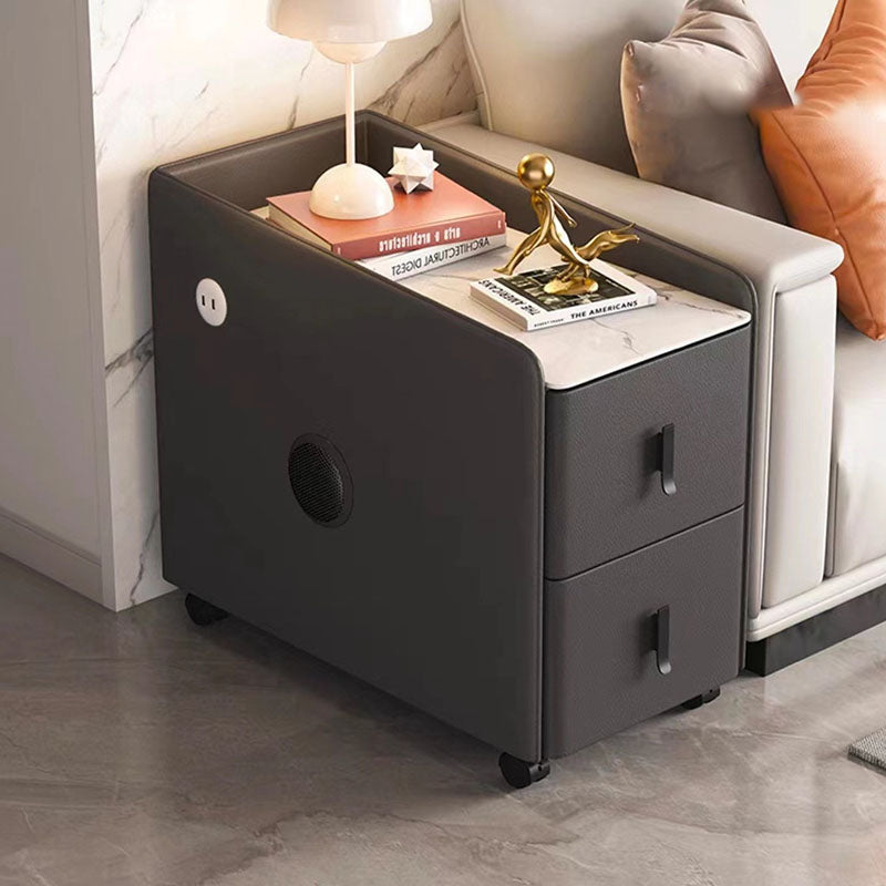 Modern Minimalist Rectangular Multi-layer Board Cat-Scratch Resistant Leather Stone Slab Solid Wood End Table 2-Drawer Movable For Living Room