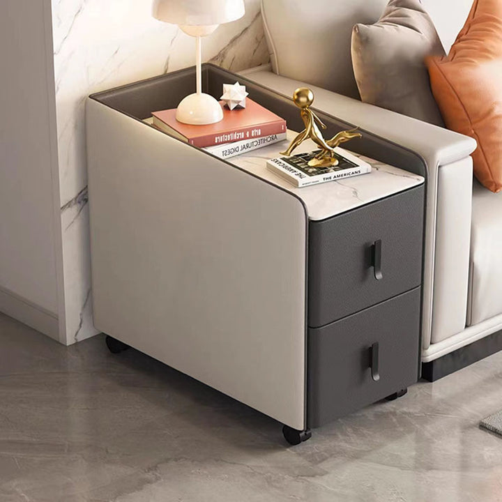 Modern Minimalist Rectangular Plywood Cat-Scratch Resistant Leather Stone Slab Solid Wood End Table 2-Drawer Movable For Living Room