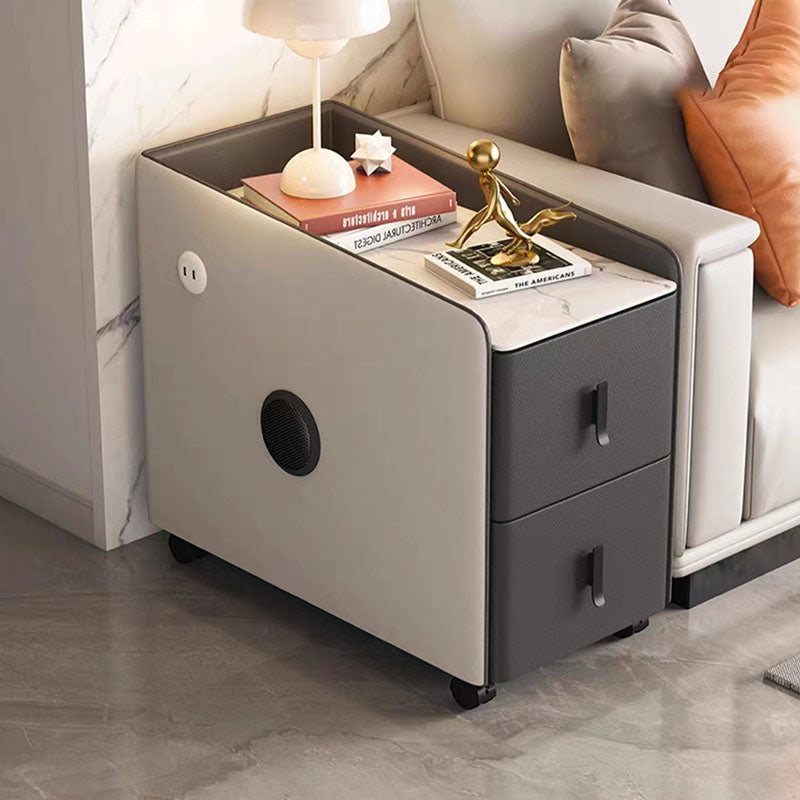 Modern Minimalist Rectangular Multi-layer Board Cat-Scratch Resistant Leather Stone Slab Solid Wood End Table 2-Drawer Movable For Living Room