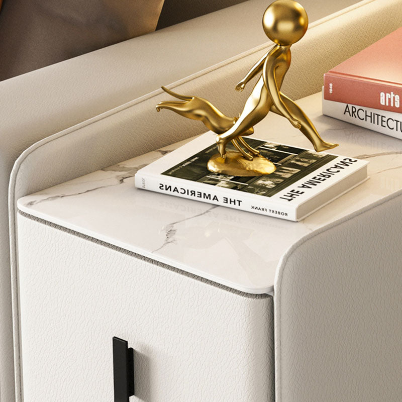 Modern Minimalist Rectangular Plywood Cat-Scratch Resistant Leather Stone Slab Solid Wood End Table 2-Drawer Movable For Living Room