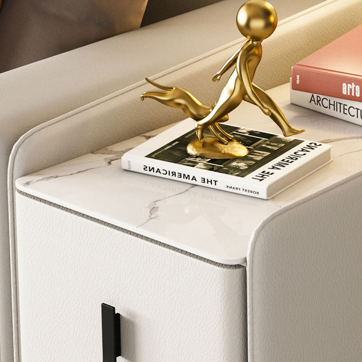 Modern Minimalist Rectangular Plywood Cat-Scratch Resistant Leather Stone Slab Solid Wood End Table 2-Drawer Movable For Living Room