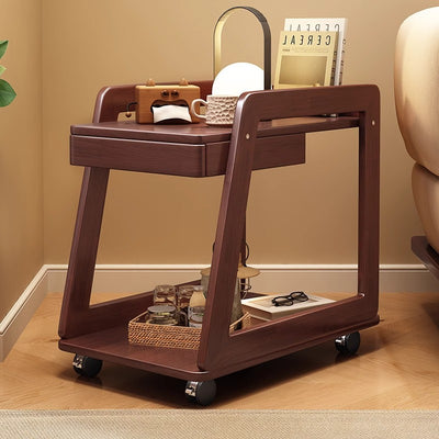 Modern Minimalist Rectangular Solid Wood End Table 1-Drawer 2-Tier Movable For Living Room