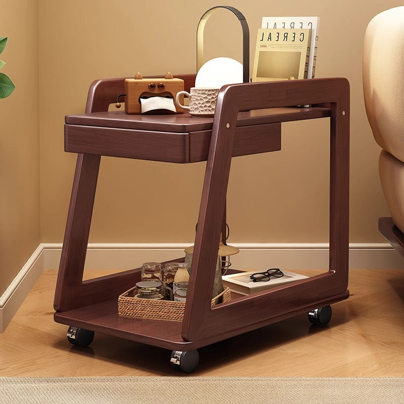 Modern Minimalist Rectangular Solid Wood End Table 1-Drawer 2-Tier Movable For Living Room