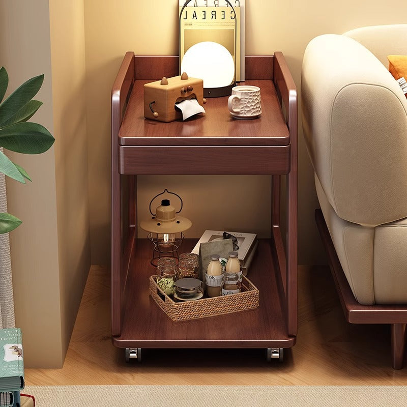 Modern Minimalist Rectangular Solid Wood End Table 1-Drawer 2-Tier Movable For Living Room