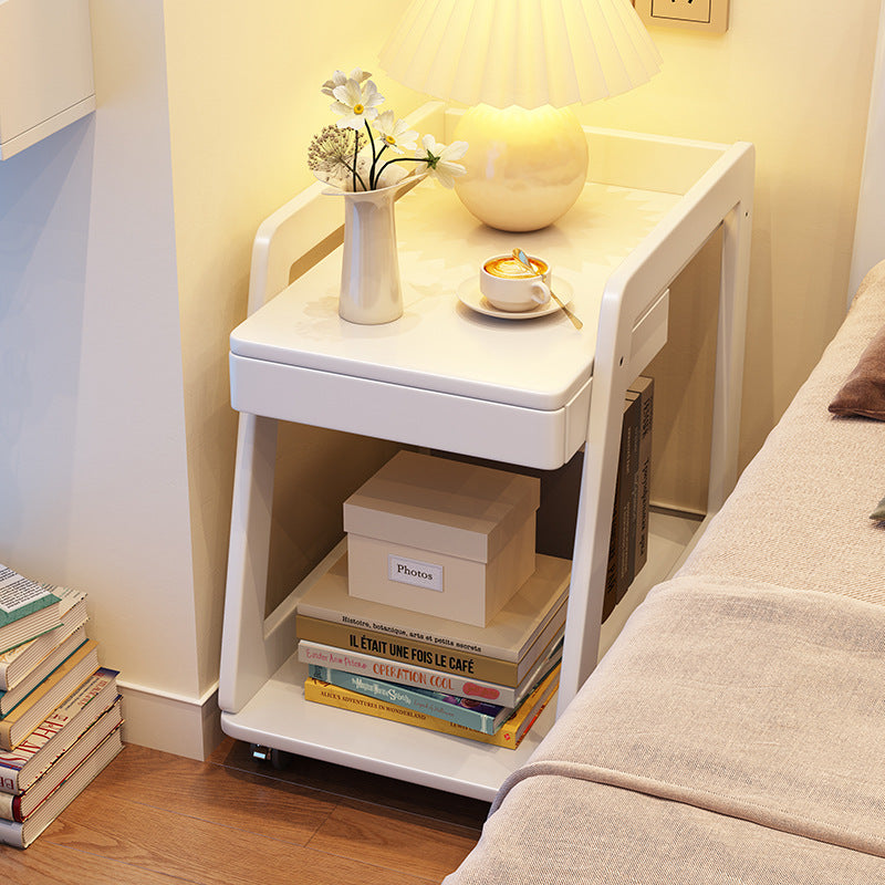 Modern Minimalist Rectangular Solid Wood End Table 1-Drawer 2-Tier Movable For Living Room
