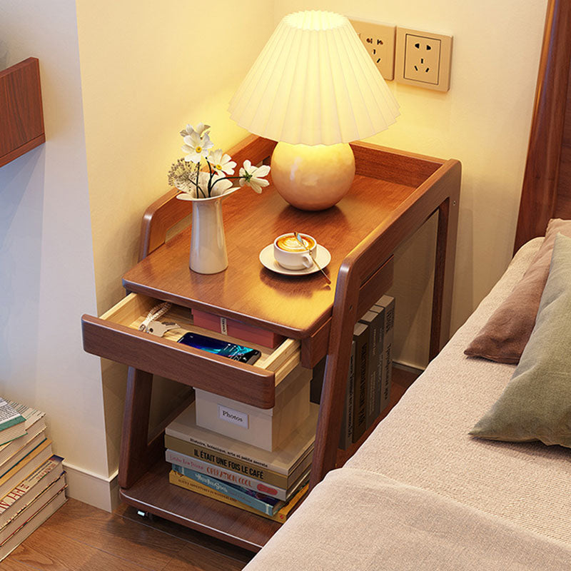 Modern Minimalist Rectangular Solid Wood End Table 1-Drawer 2-Tier Movable For Living Room