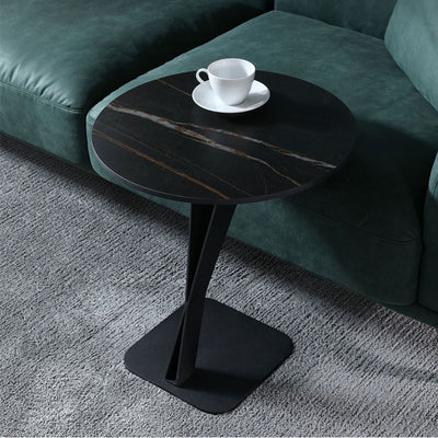 Modern Minimalist Round Stone Slab Carbon Steel End Table For Living Room