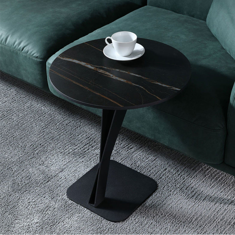 Modern Minimalist Round Stone Slab Carbon Steel End Table For Living Room