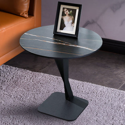Modern Minimalist Round Stone Slab Carbon Steel End Table For Living Room