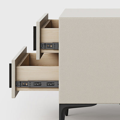 Modern Minimalist Rectangular PU Leather Solid Wood Carbon Steel Nightstand 4-Leg 2-Drawer For Bedroom