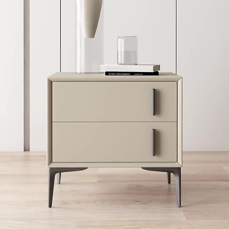 Modern Minimalist Rectangular PU Leather Solid Wood Carbon Steel Nightstand 4-Leg 2-Drawer For Bedroom