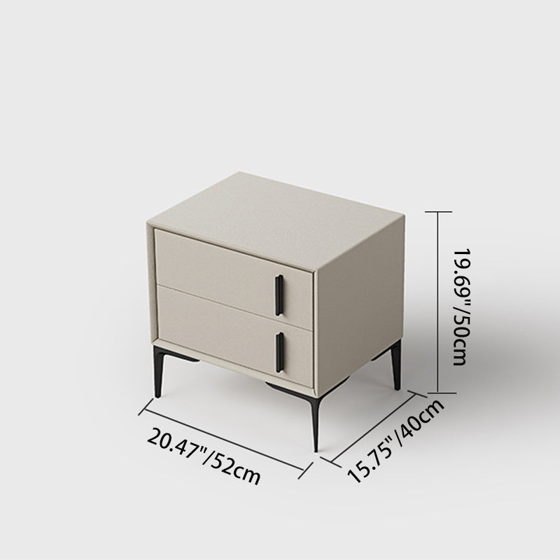 Modern Minimalist Rectangular PU Leather Solid Wood Carbon Steel Nightstand 4-Leg 2-Drawer For Bedroom