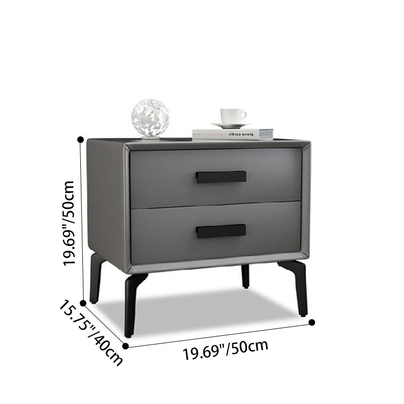 Modern Minimalist Rectangular PU Leather Solid Wood Carbon Steel Nightstand 4-Leg 2-Drawer For Bedroom